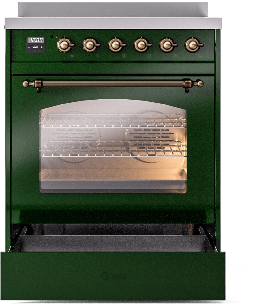 Emerald green electric induction range with open oven drawer and bronze handle trim