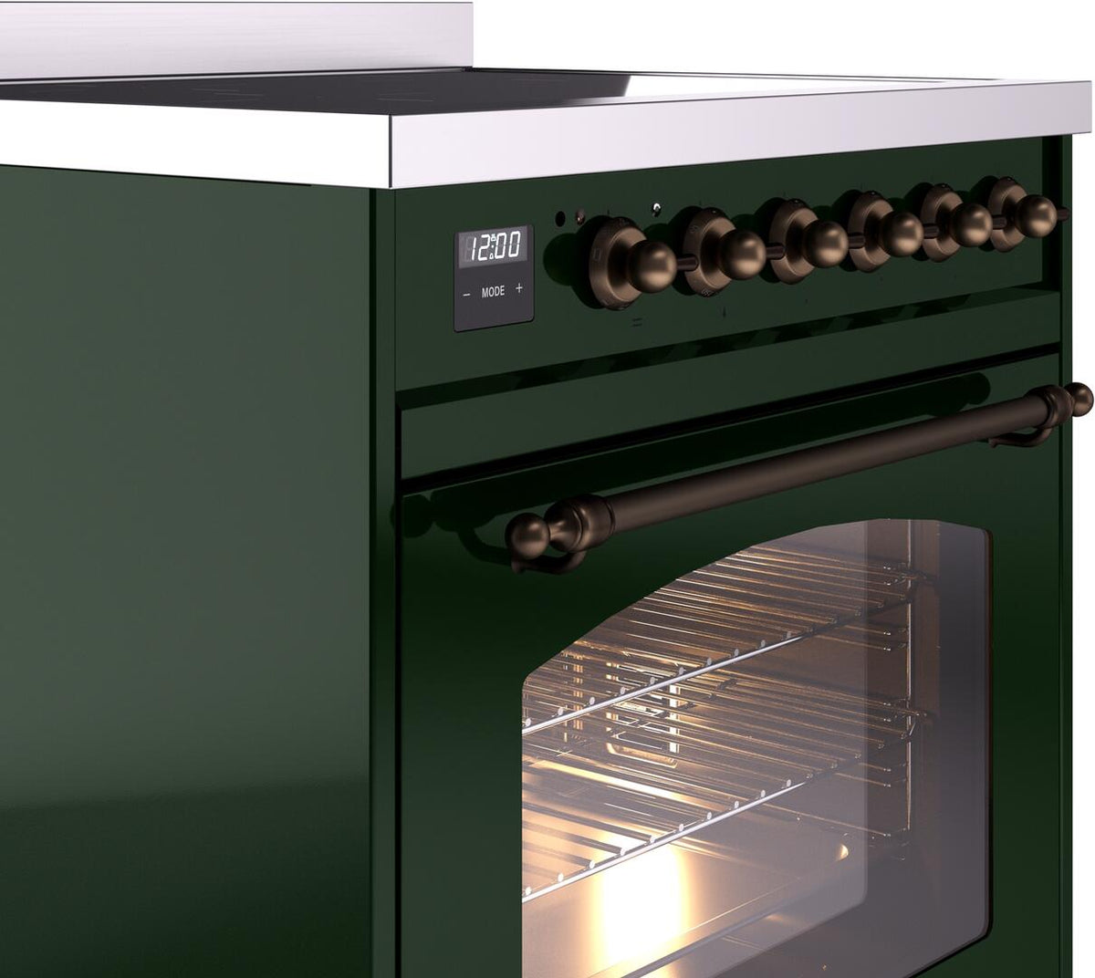 Emerald green induction range front control knobs with lit oven window and bronze hardware