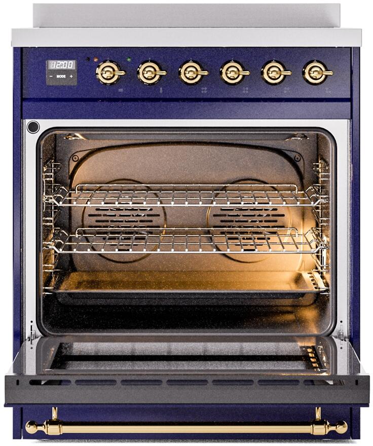 Freestanding electric induction range with oven door open, brass interior racks visible