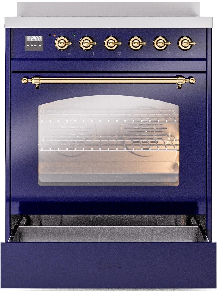 Freestanding electric induction range with control knobs and brass handle above closed door