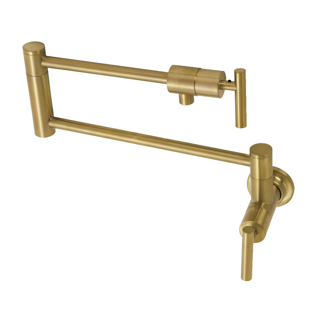 Wall-mount pot filler faucet with long spout and dual legs, brushed brass finish.