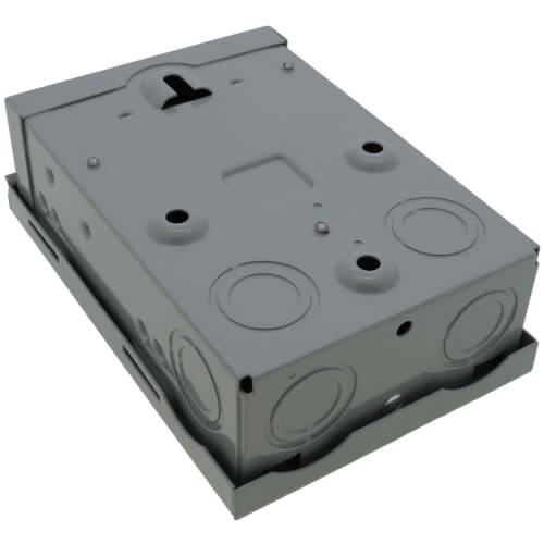 Gray non-fusible disconnect switch base with circular knockouts and mounting holes