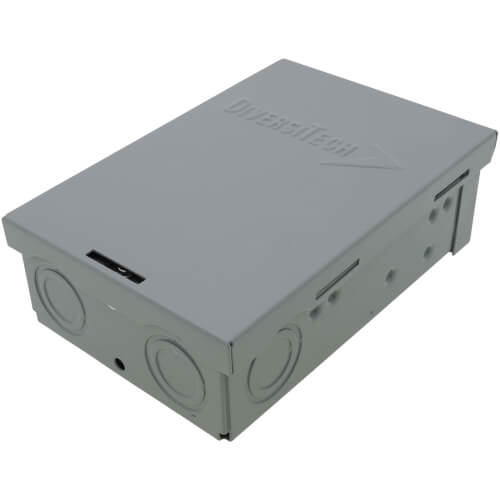 Gray non-fusible disconnect switch housing with circular knockouts and handle slot