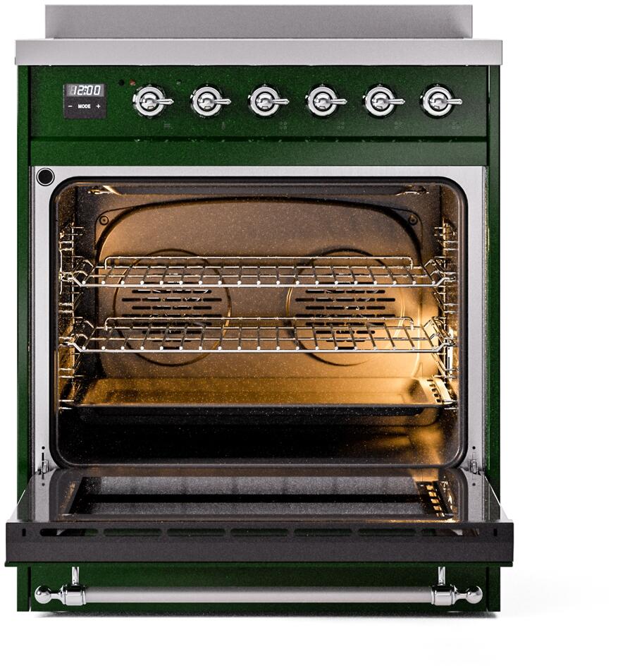 Induction range oven with open door, wire racks, and visible heated interior surfaces