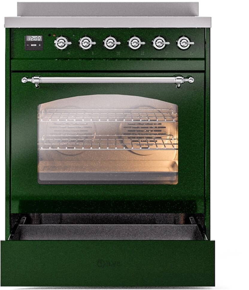 Emerald green induction range with chrome handle and glass oven door open