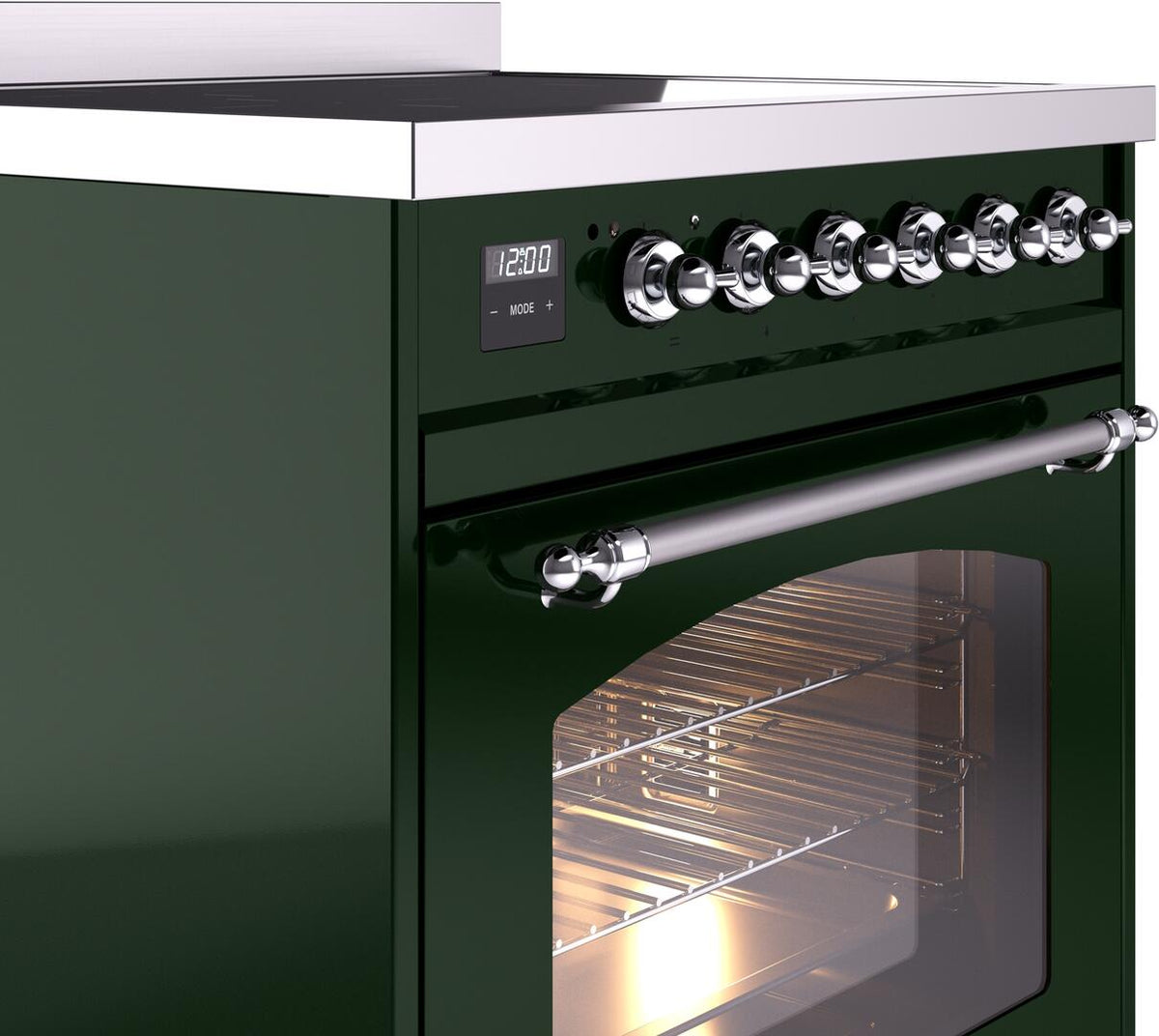 Emerald green induction range control panel with chrome knobs and oven window