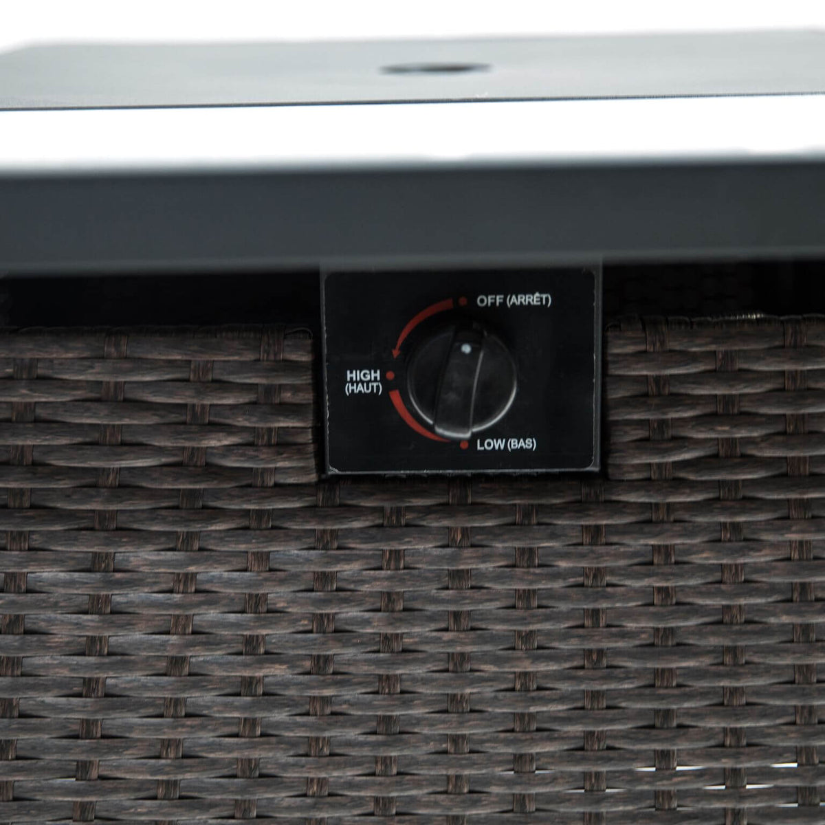 Firepit table control panel with OFF, HIGH, and LOW settings and black dial knob