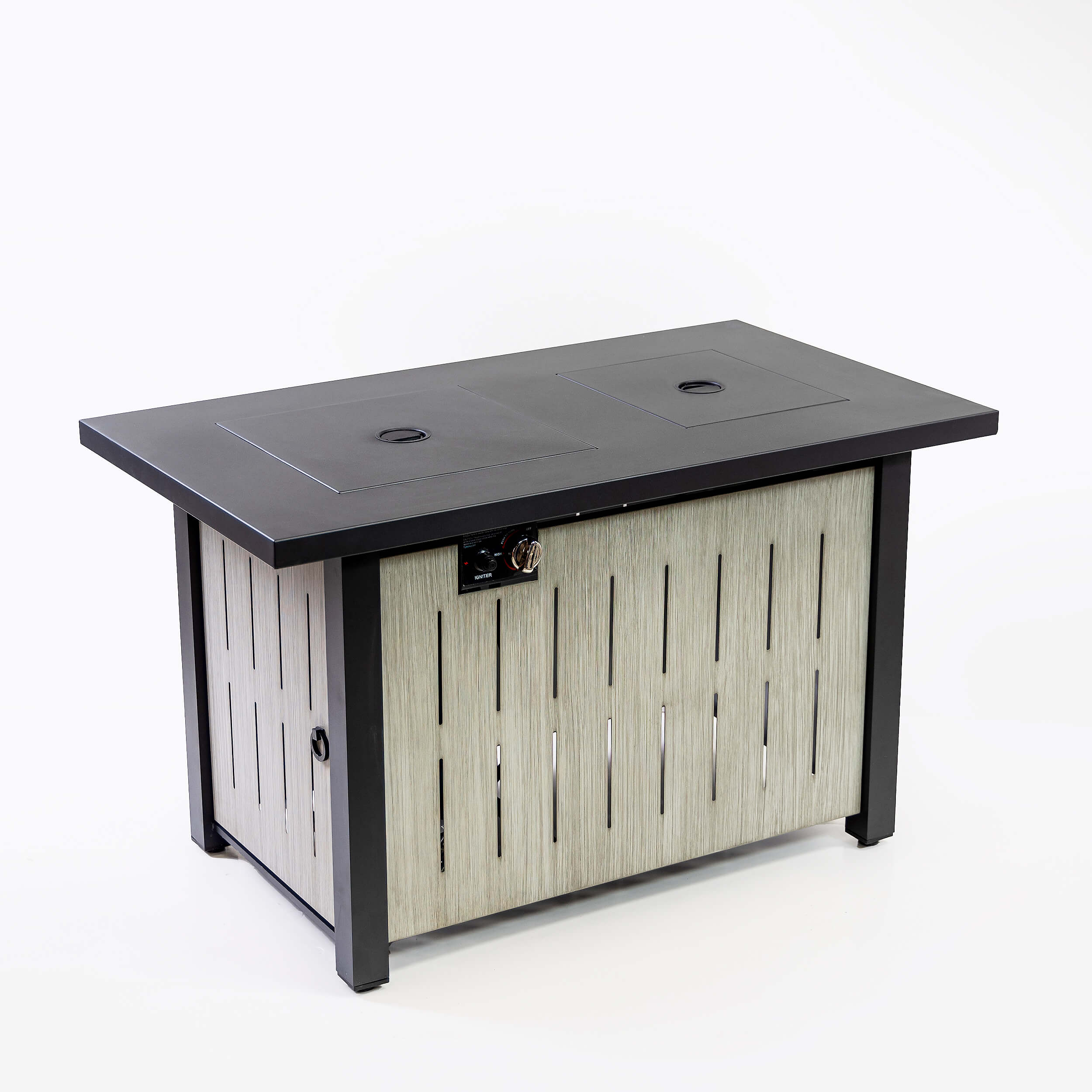 Outdoor rectangular propane firetable with dark top and light wood cabinet panels