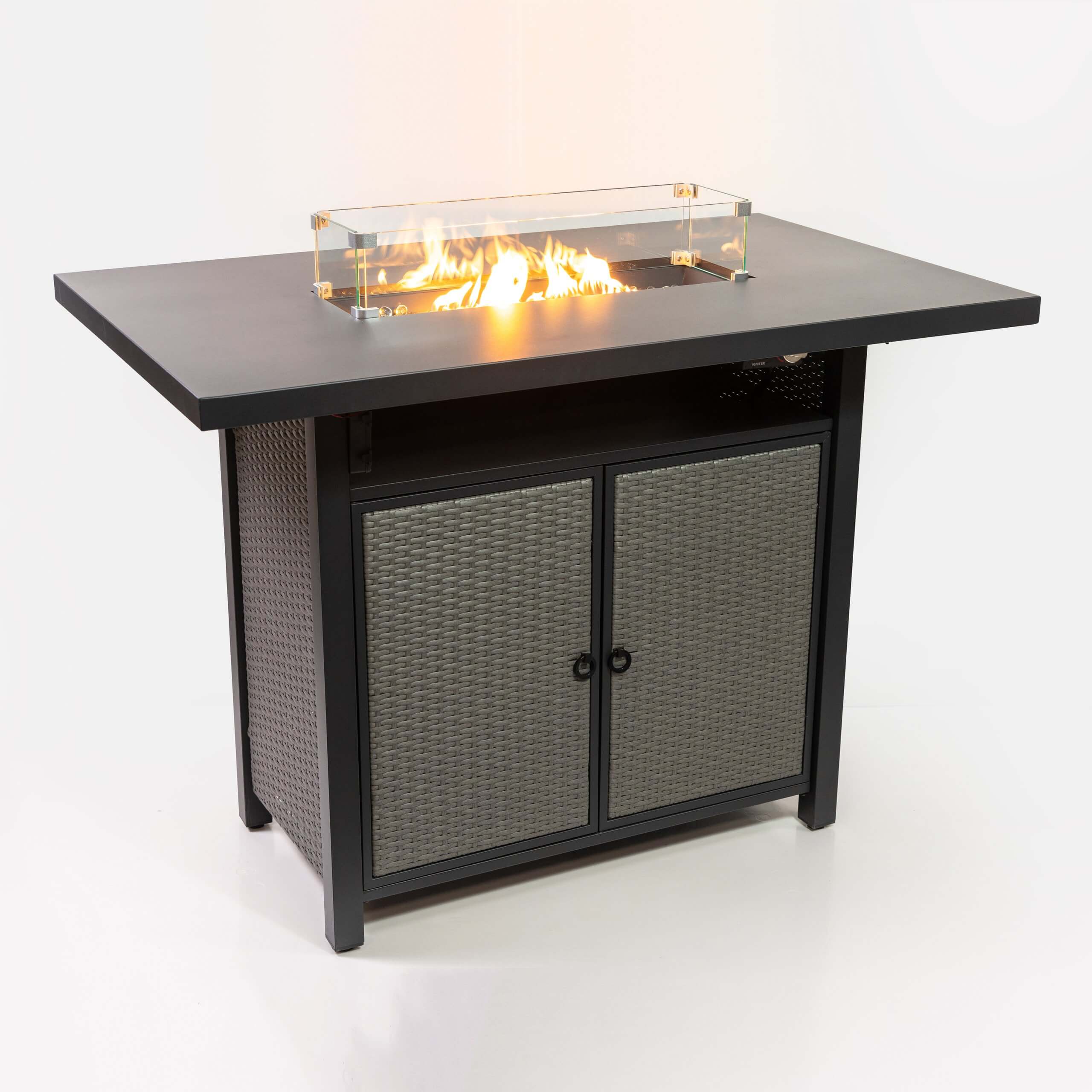 Rectangular outdoor propane fire table, black top, glass wind guard, mesh cabinet doors