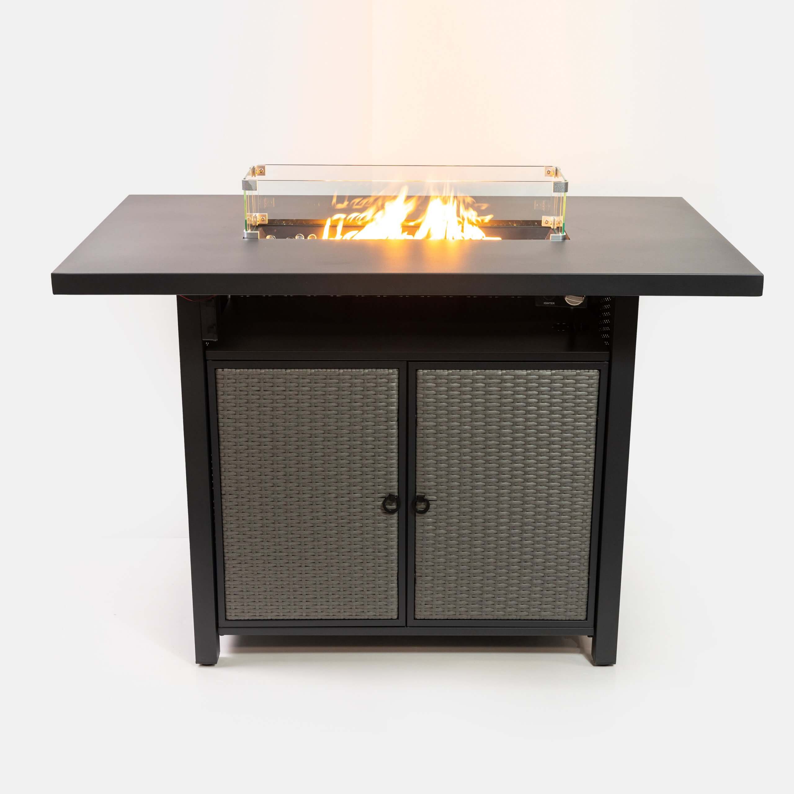 Rectangular outdoor propane fire table with flames, black top, mesh front cabinet doors