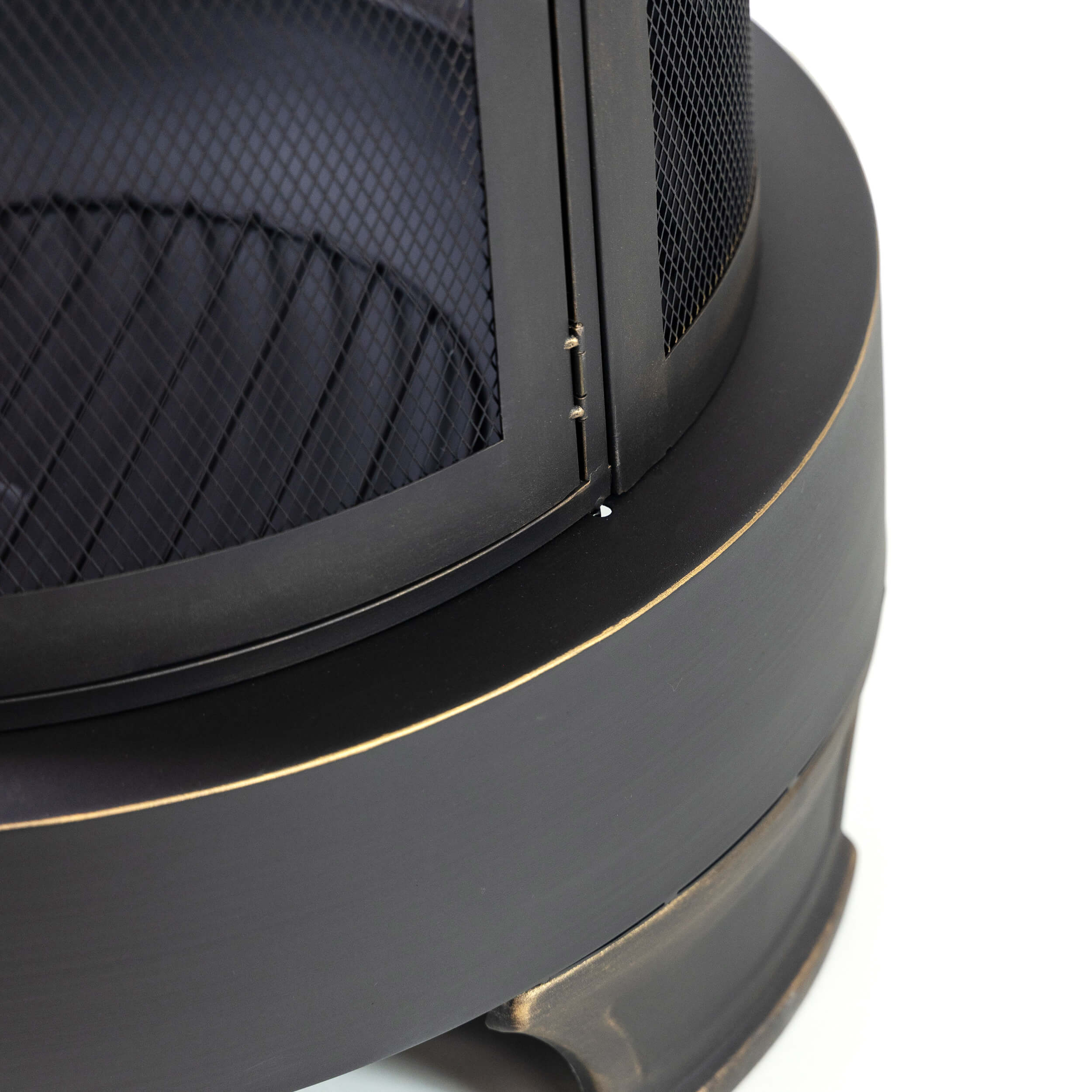 Dark cylindrical firepit body with trim ring detail and mesh door edge
