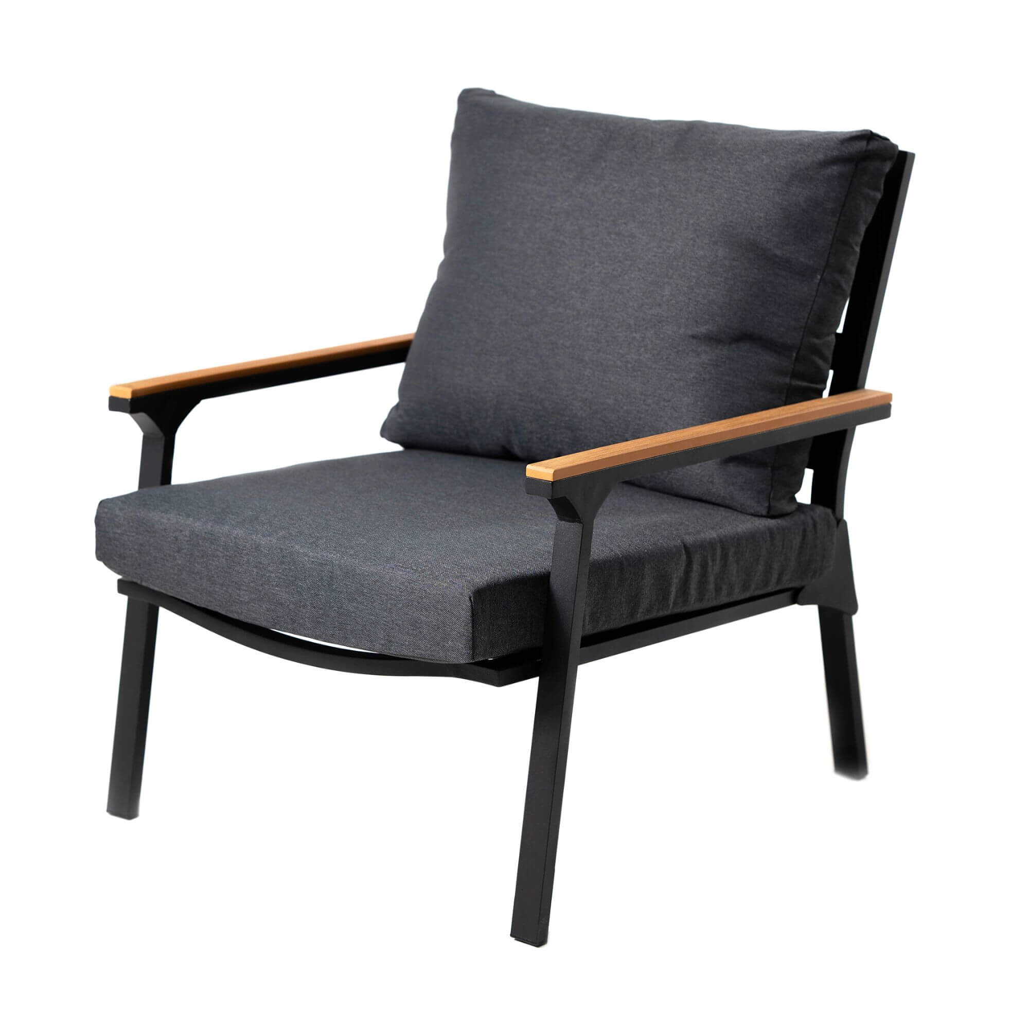 Outdoor sofa chair with dark gray cushions and light wood armrests, side view