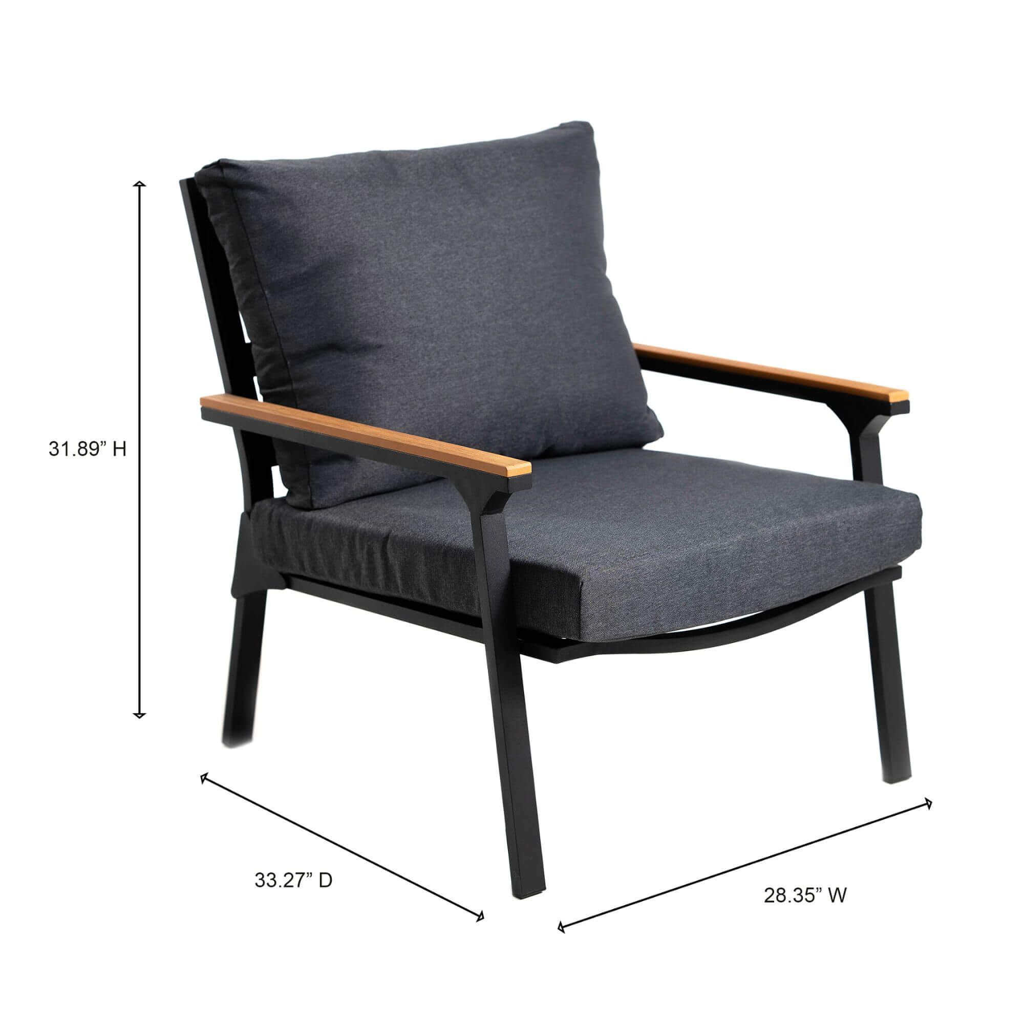 Outdoor sofa chair with dark gray cushions and light wood armrests