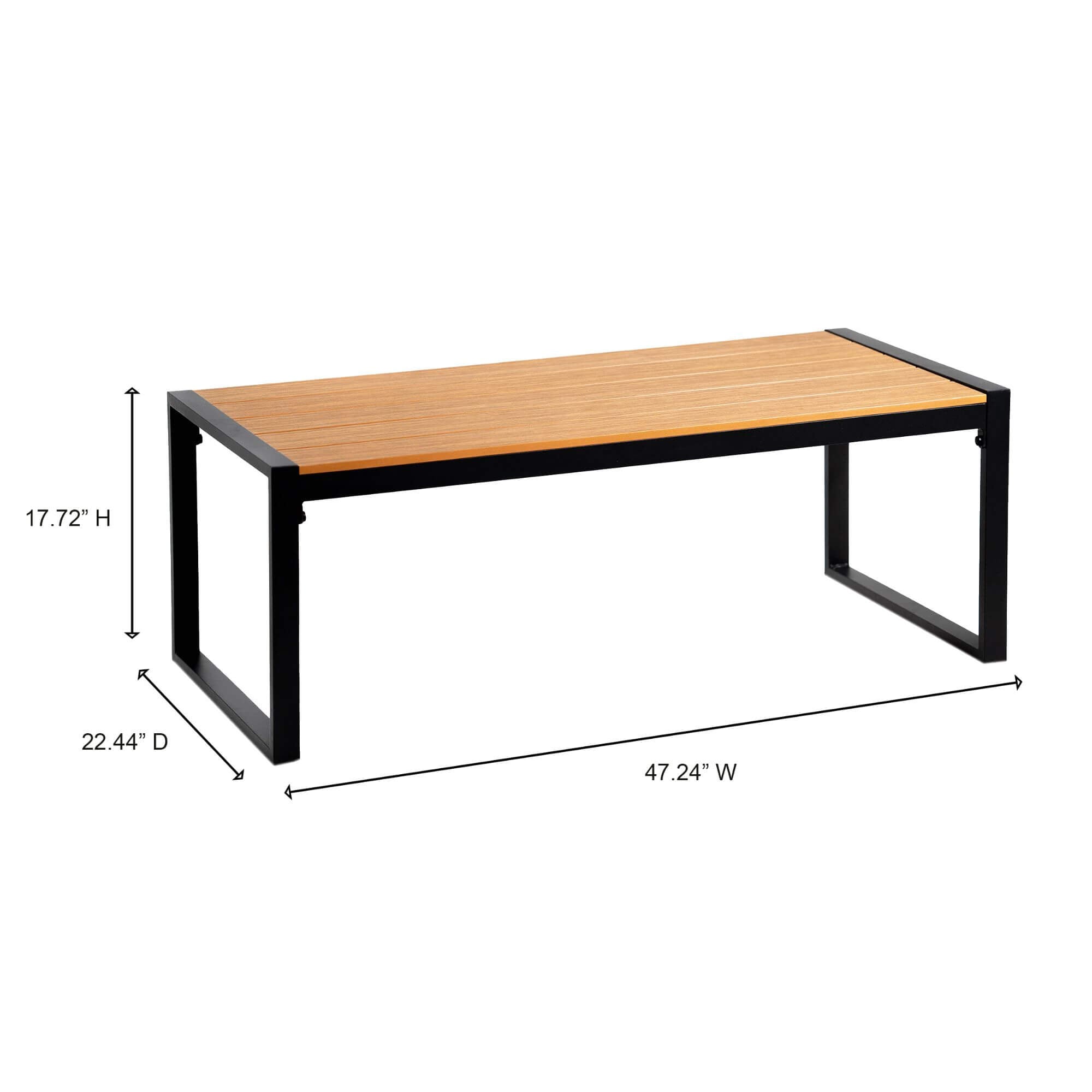 Outdoor coffee table with light wood top and black metal frame, angled view