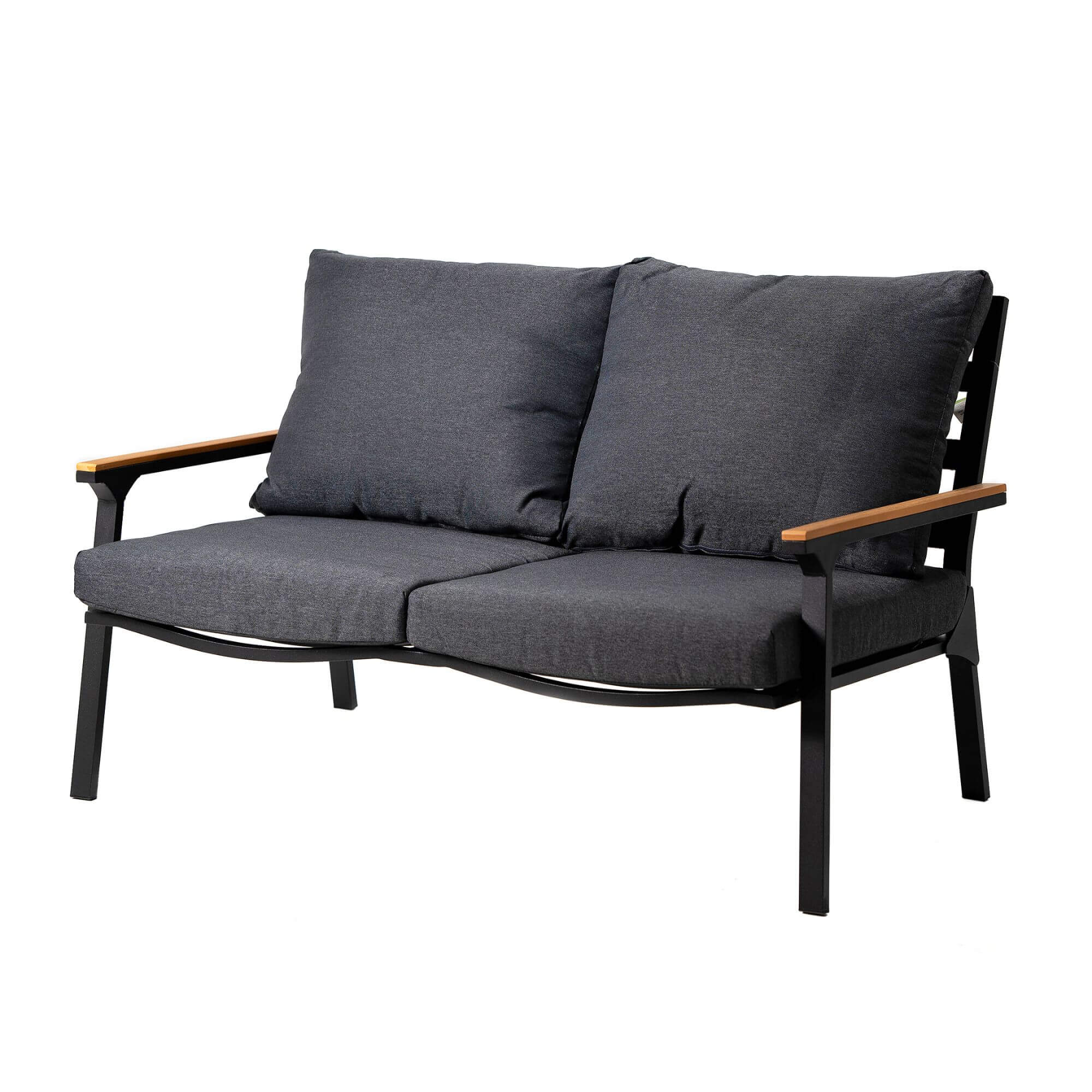 Outdoor sofa loveseat with dark gray cushions and light wood armrest rails