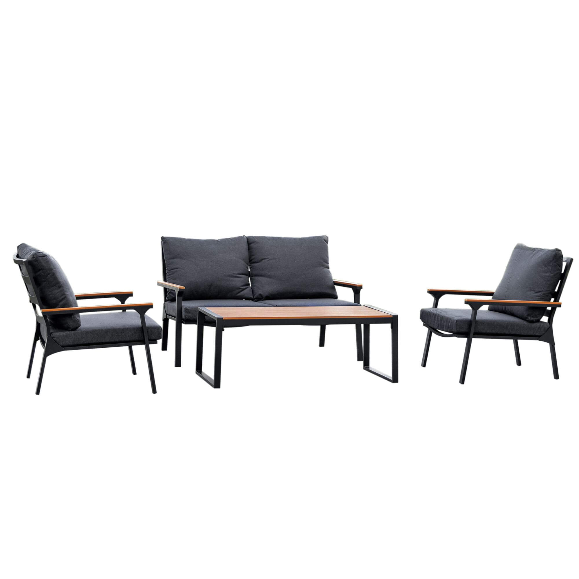 Outdoor sofa set with loveseat, two armchairs, gray cushions, and coffee table