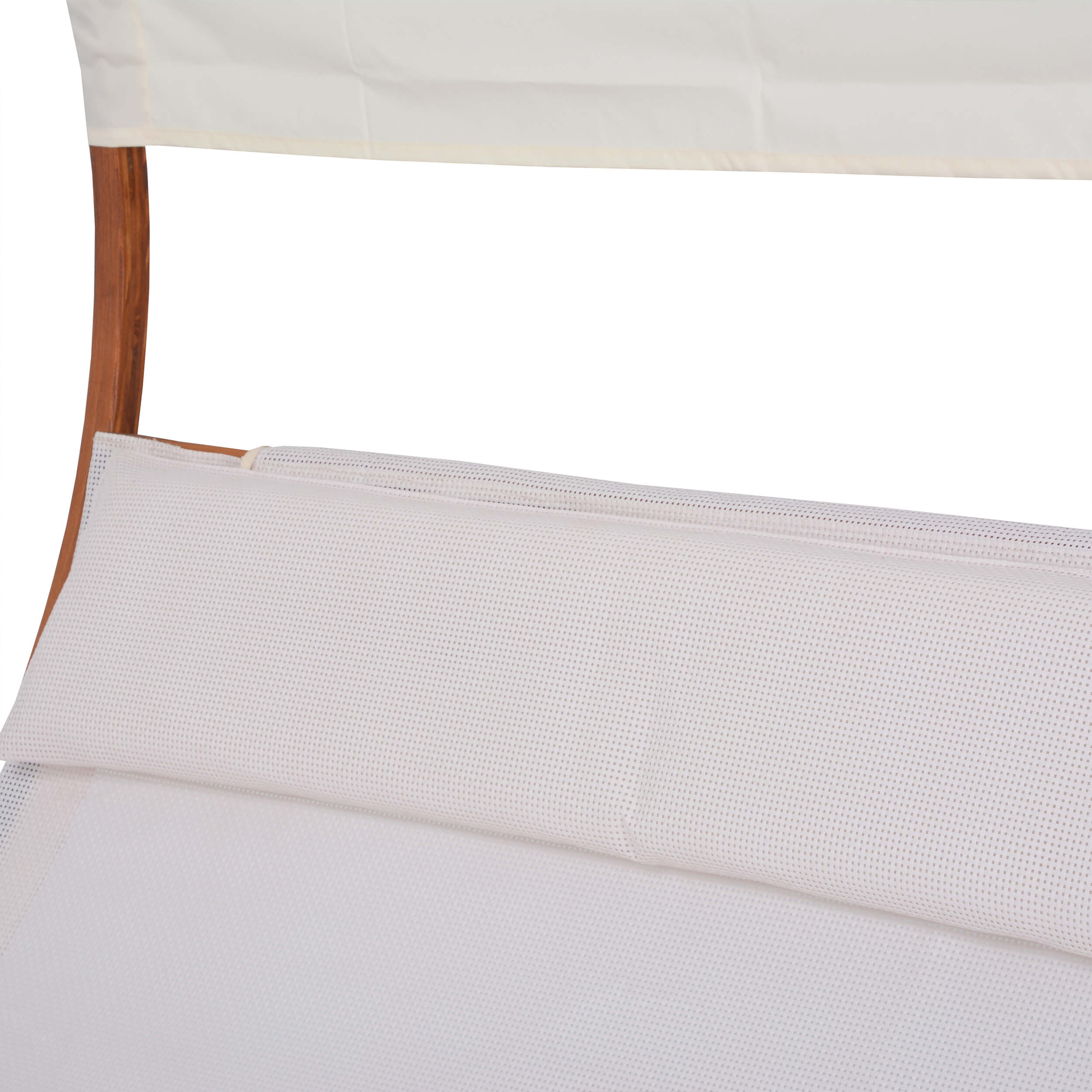White Textilene cushion panel on cedar lounge daybed with padded back support