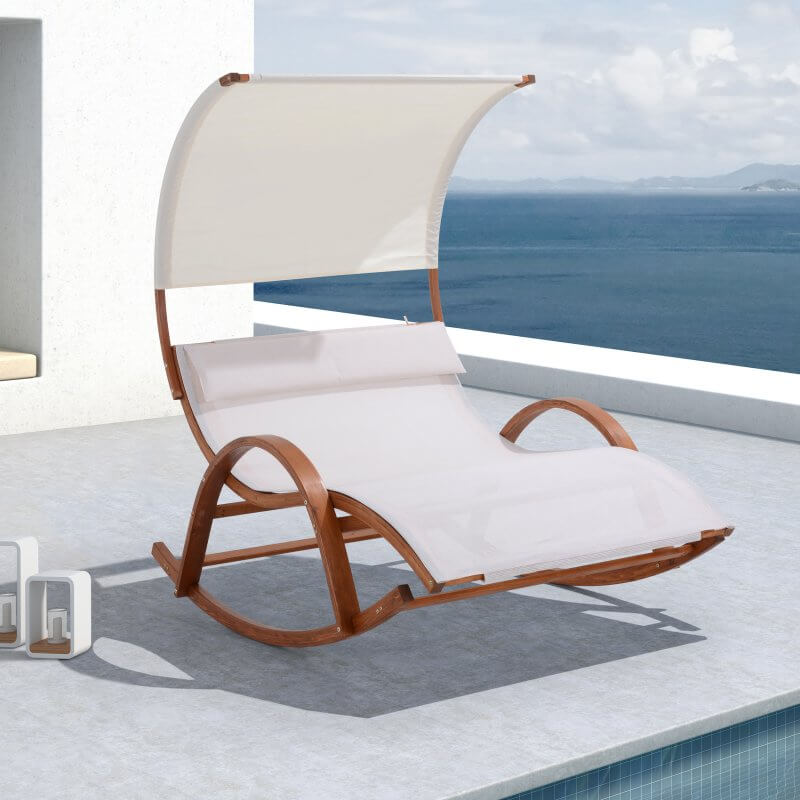 Outdoor cedar daybed lounge chair with white canopy and curved wooden rockers