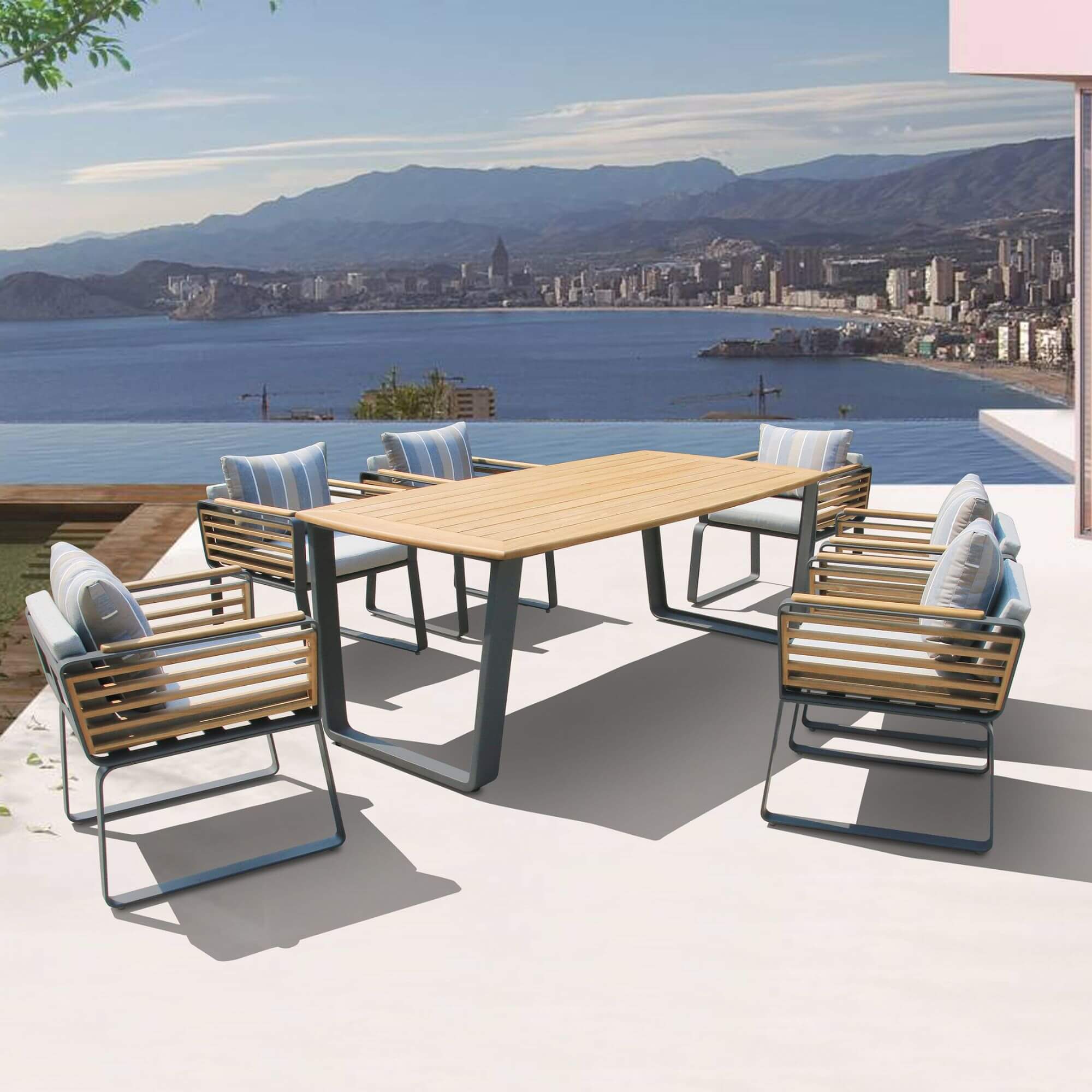 Outdoor dining table set with wood tabletop and six slat-back chairs, dark metal frames