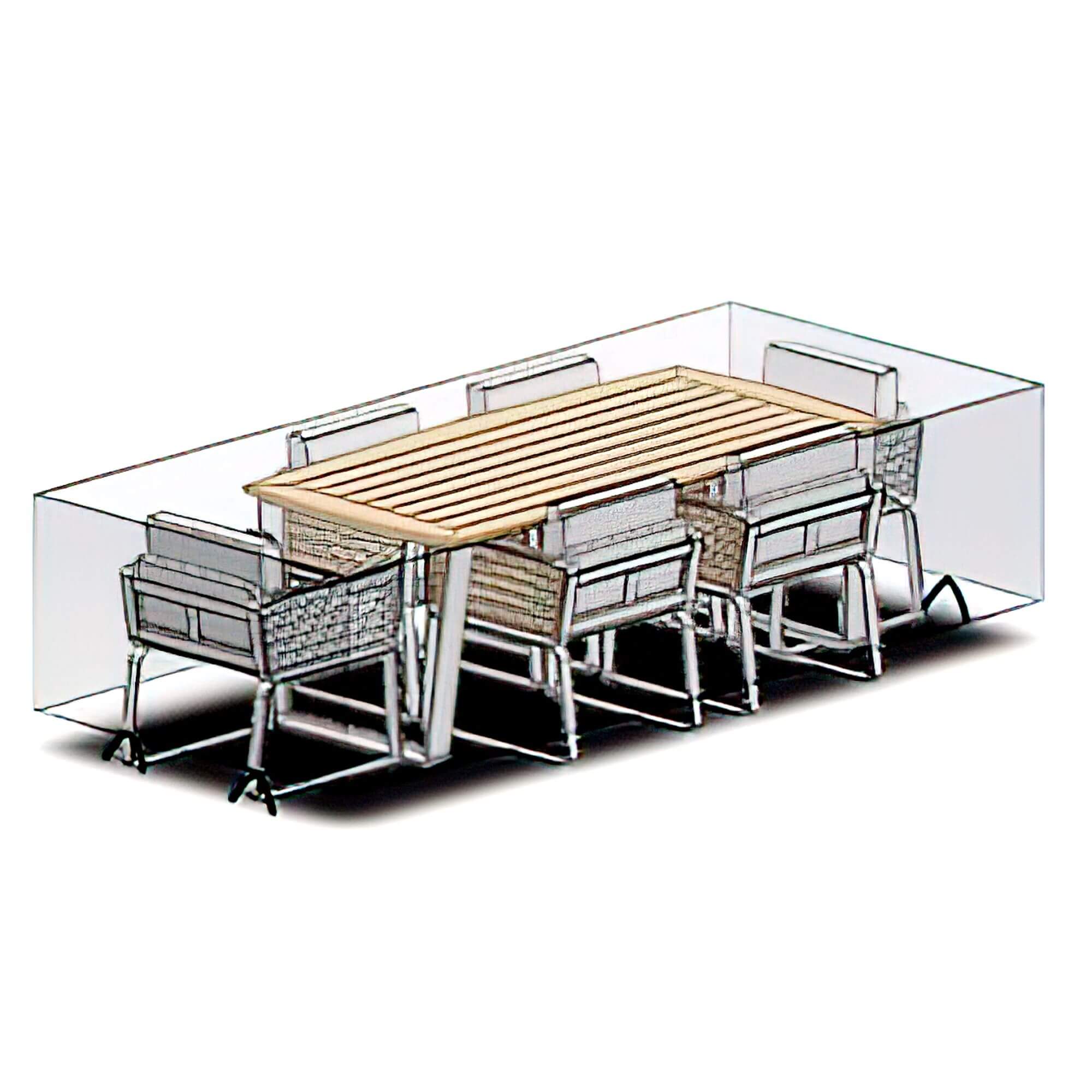 Outdoor dining chair and table set layout diagram with slatted seating and wood tabletop