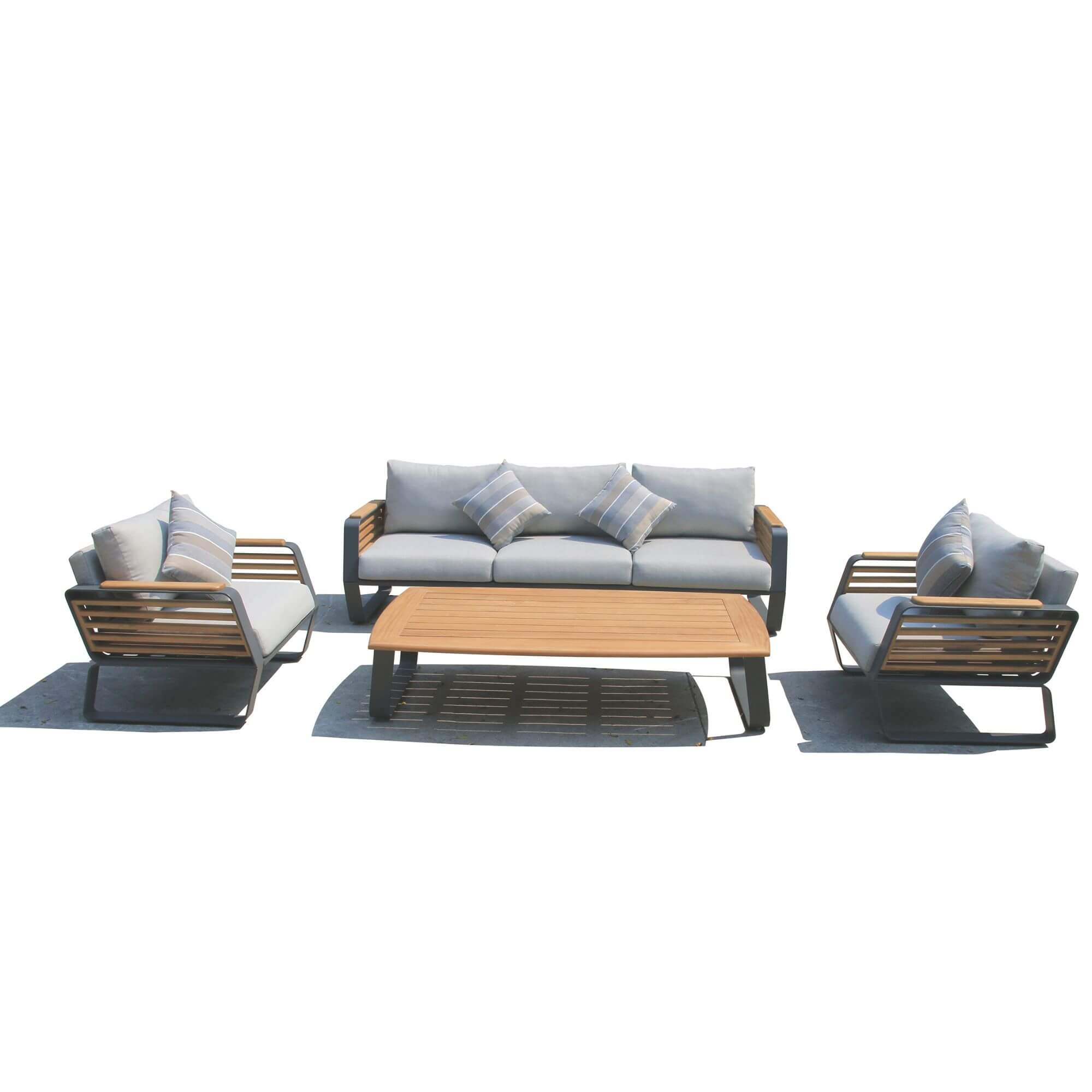 Outdoor patio seating set with loveseat, two chairs, and center coffee table