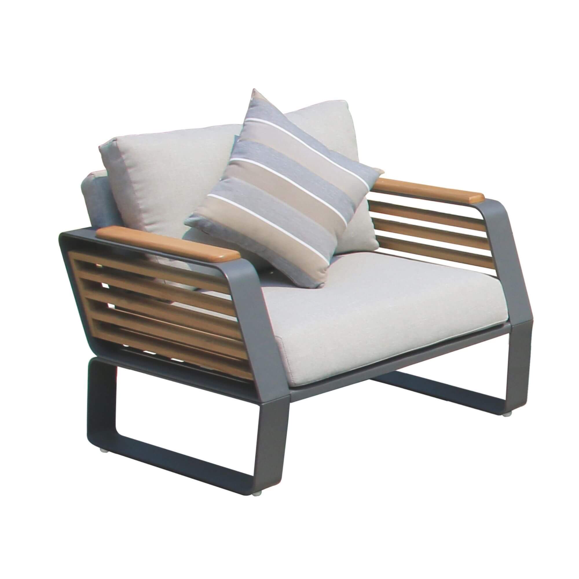 Outdoor patio loveseat with light gray cushions and striped throw pillows on dark frame