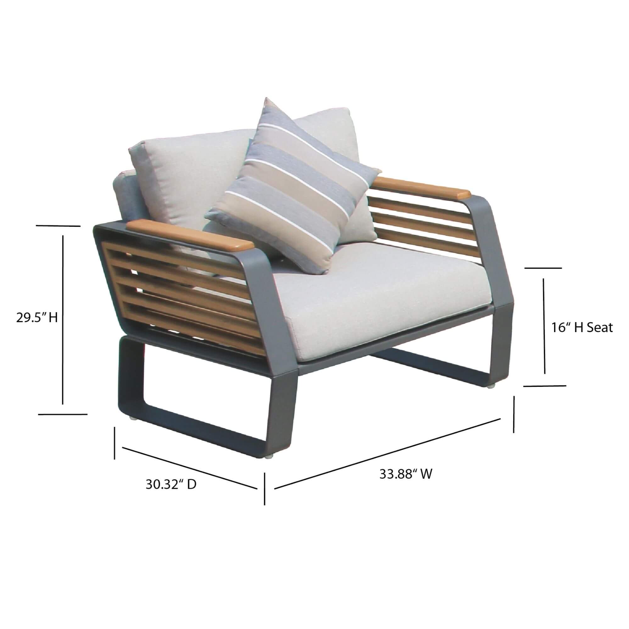 Outdoor patio loveseat with light gray cushions, striped pillows, and dark slatted frame