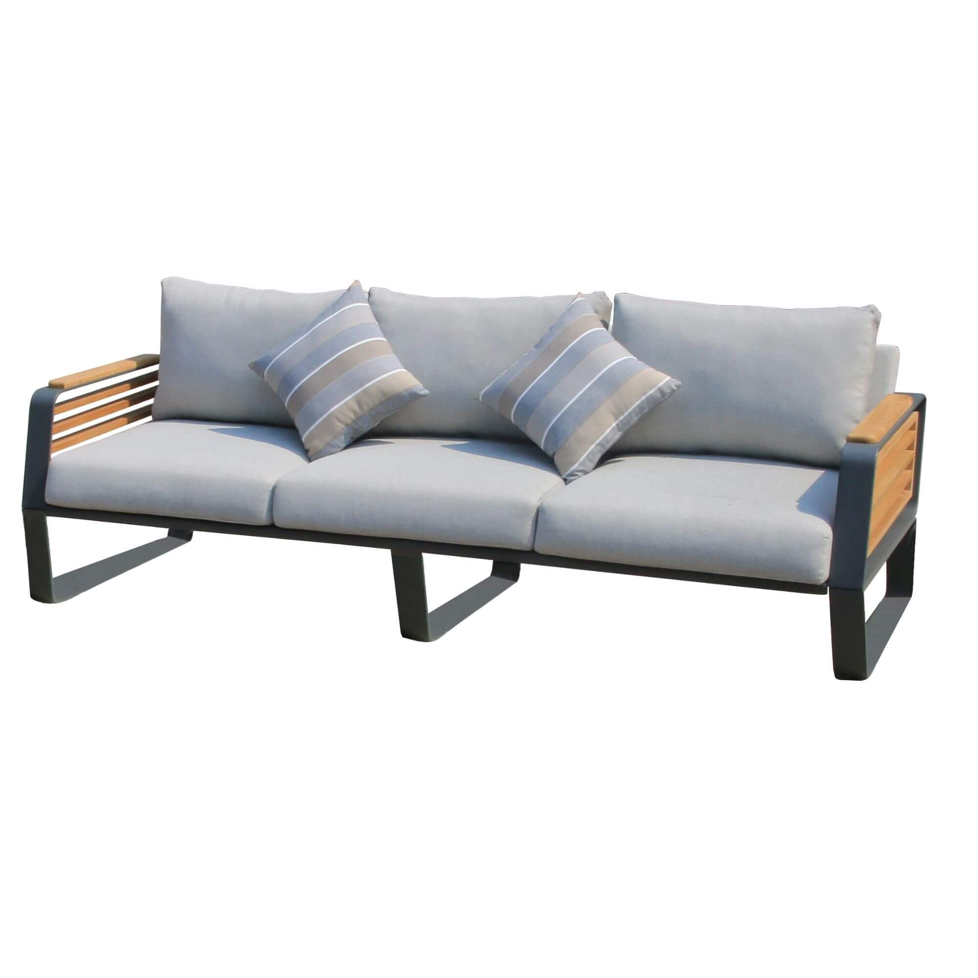 Outdoor patio sofa with light-blue cushions and blue striped throw pillows