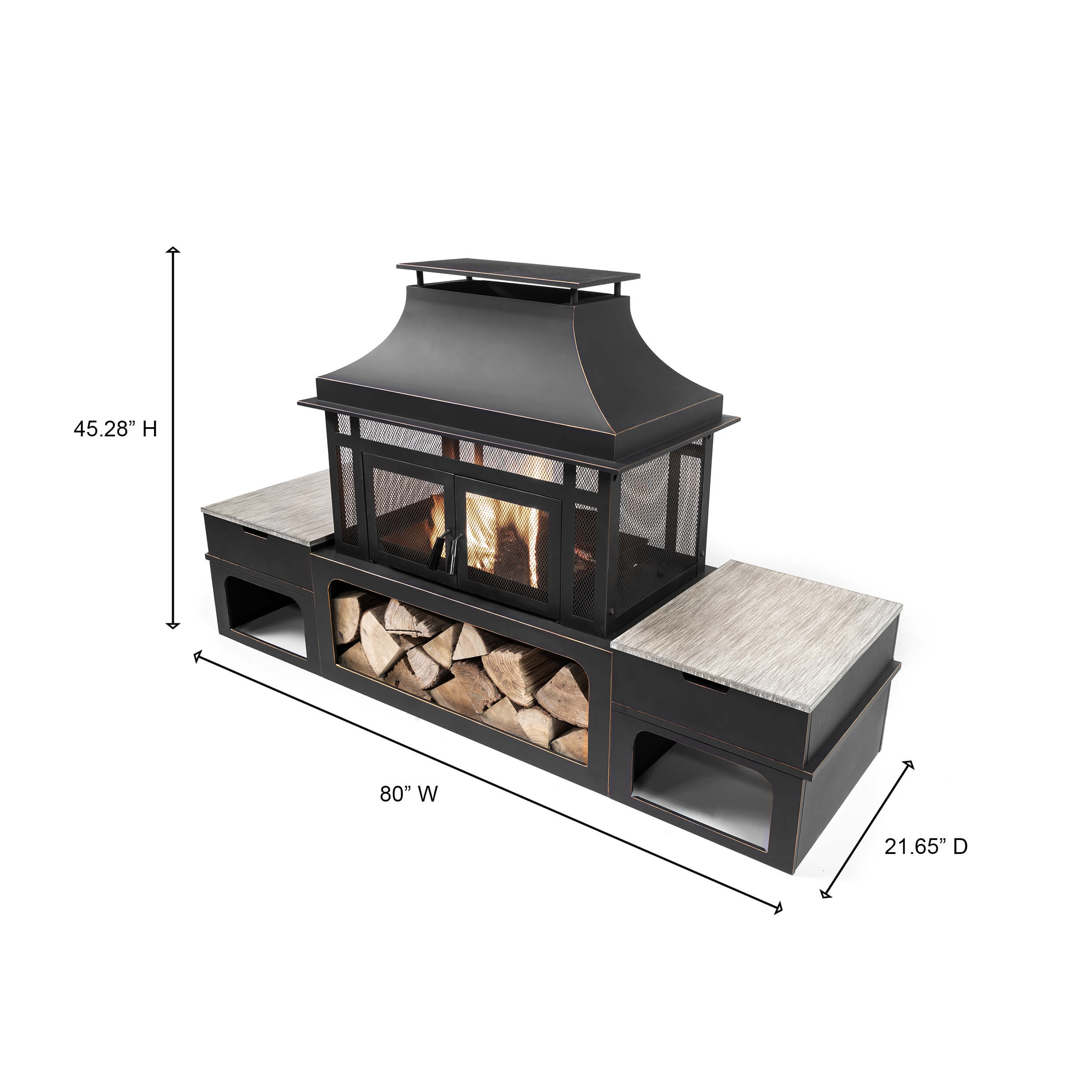 80-inch metal wood burner fireplace with side storage tables and log compartment