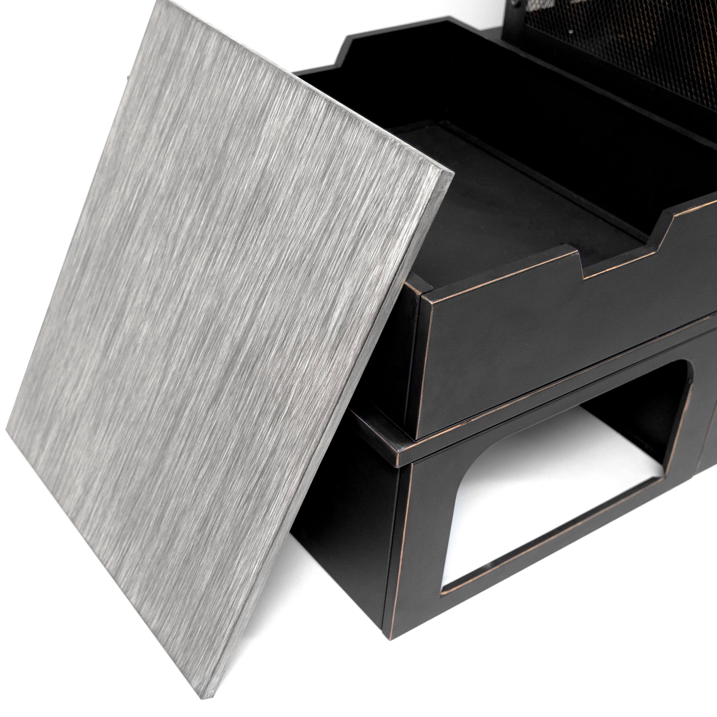 Side table top swung open to reveal storage compartment under the burner