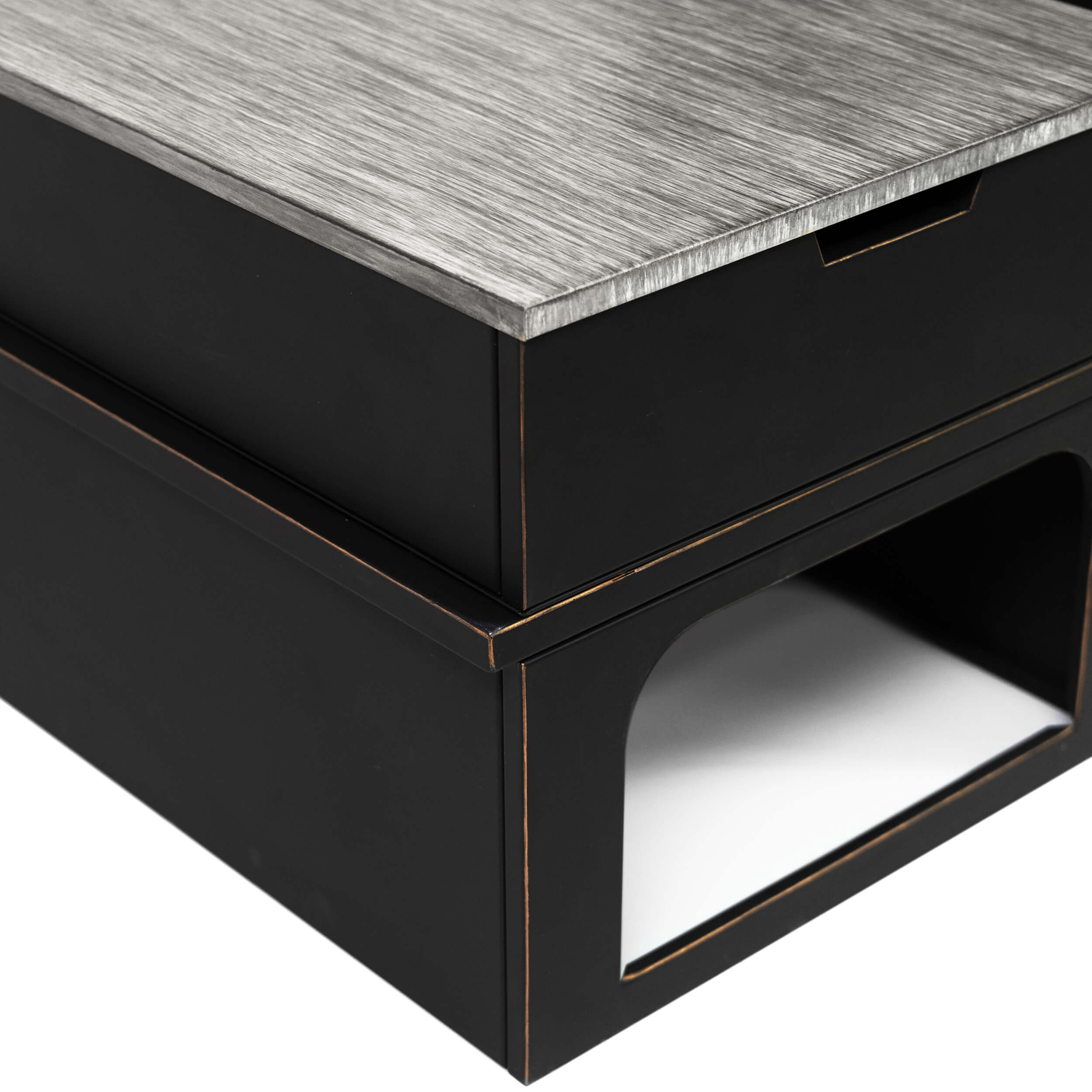 Close-up of black side storage table with gray top and open shelf