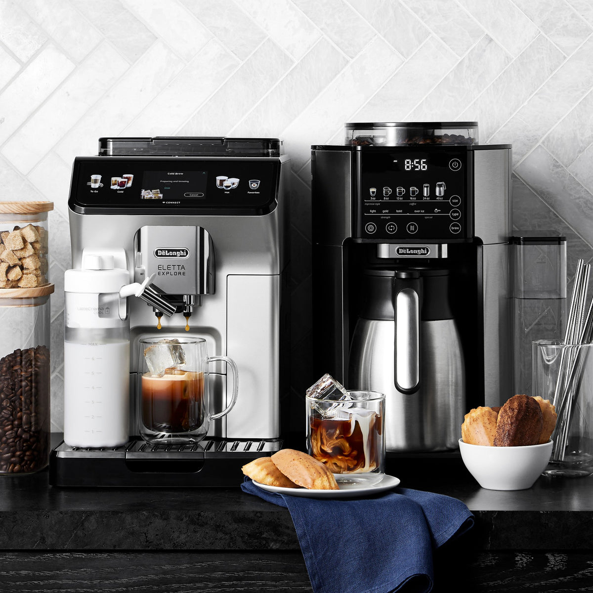Fully automatic espresso machine with cold brew container and milk frother, countertop setup
