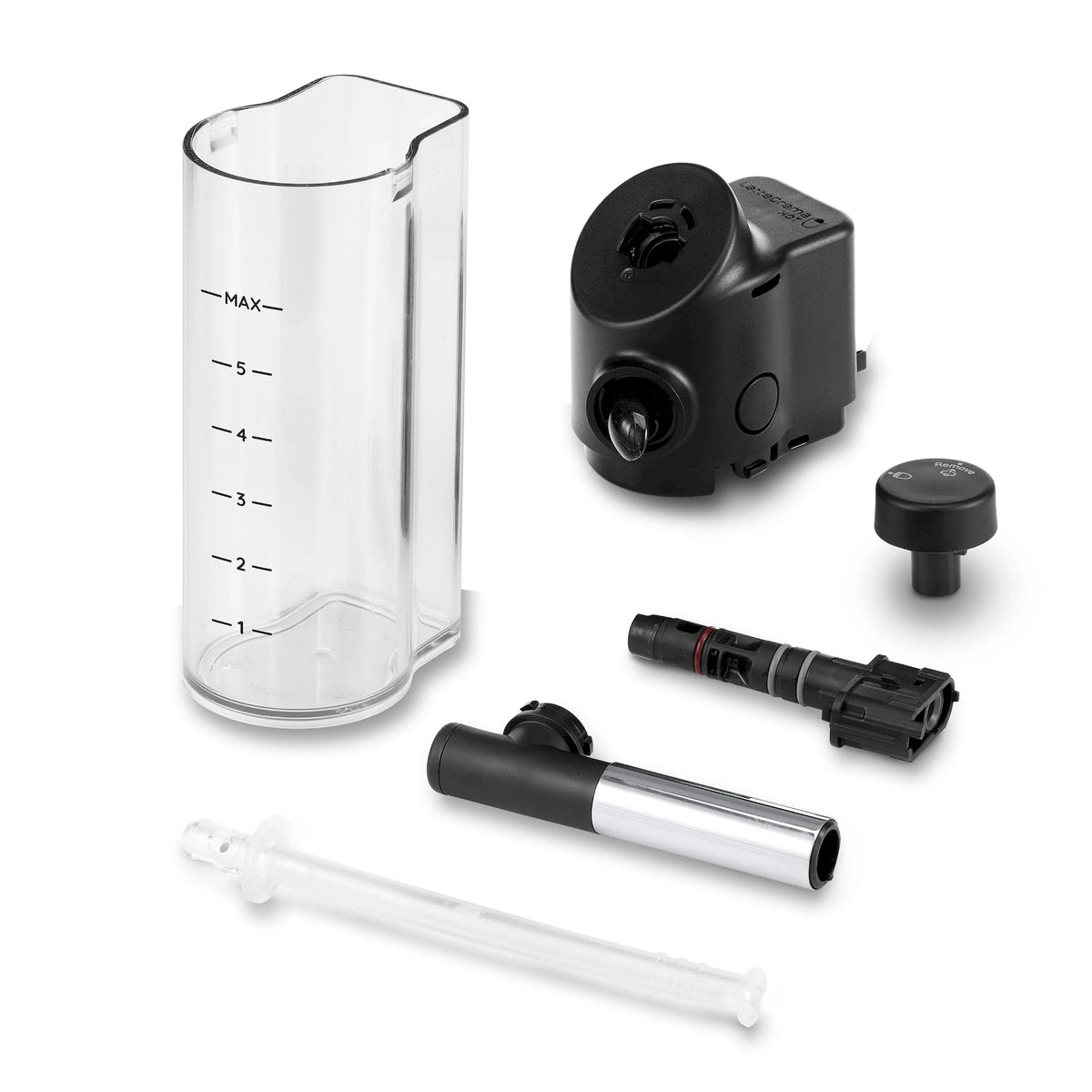 Espresso machine jug and frother accessory kit in clear and black parts on white.
