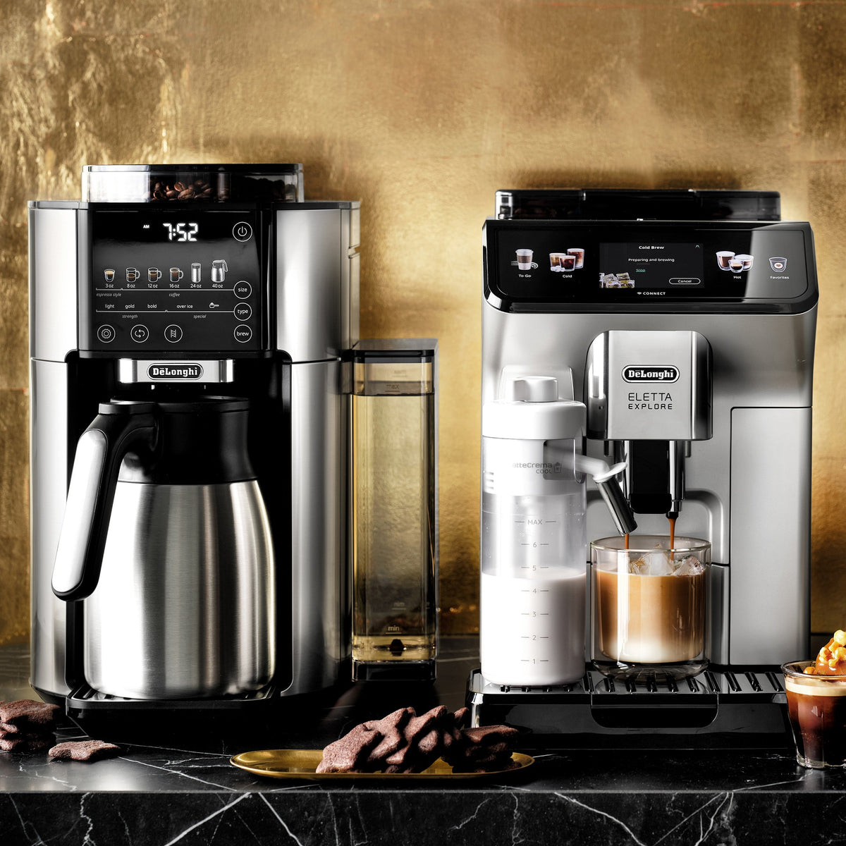 Fully automatic espresso machine with cold brew carafe and frothing spout, side-by-side view