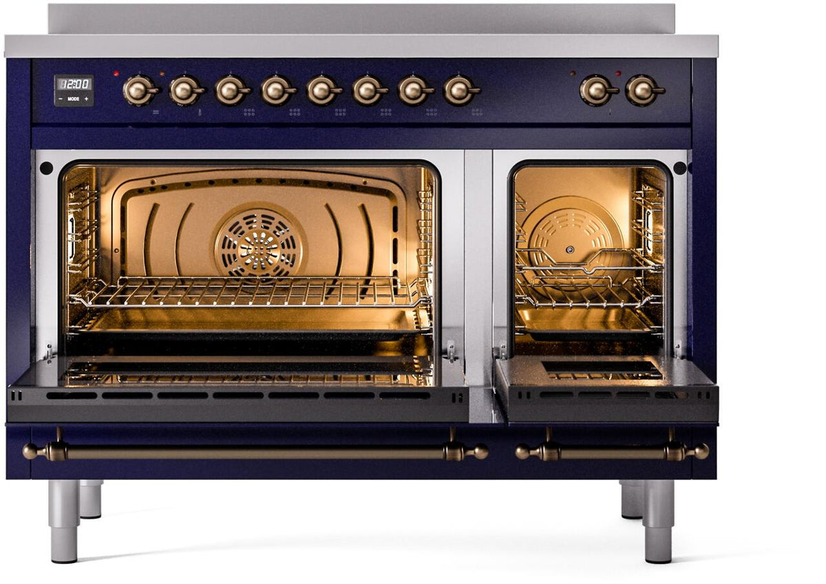 Freestanding electric induction range with two oven compartments open and bronze trim.