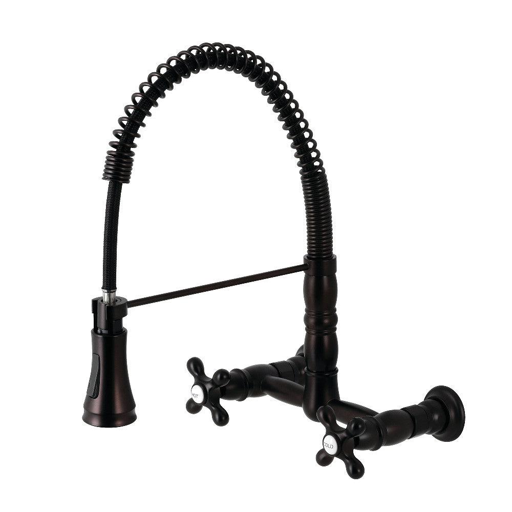 Oil-rubbed bronze bridge kitchen faucet with dual handles and pre-rinse sprayer hose