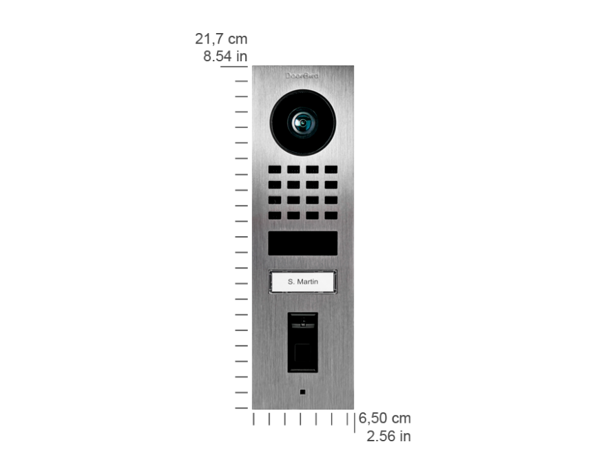 Metal surface-mount video door station front panel with camera, grille, keypad, and label