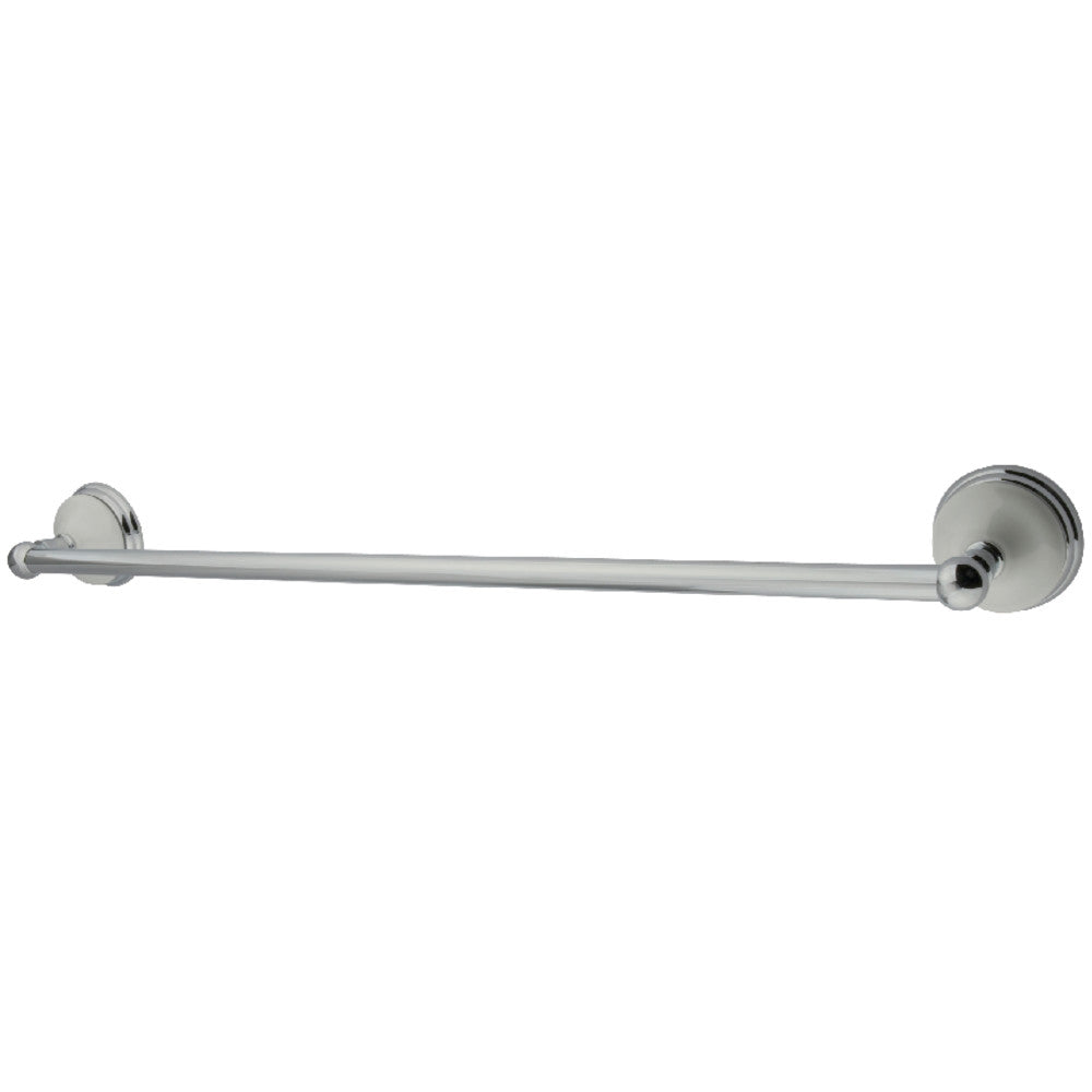Single polished chrome towel bar with round wall escutcheon and end caps