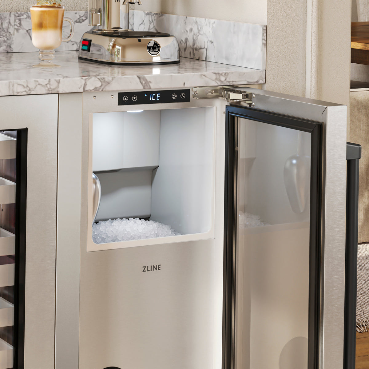 Close-up of the ZLINE Autograph Edition nugget ice maker storage bin in an outdoor bar (INGDZ-ST-15-MB)