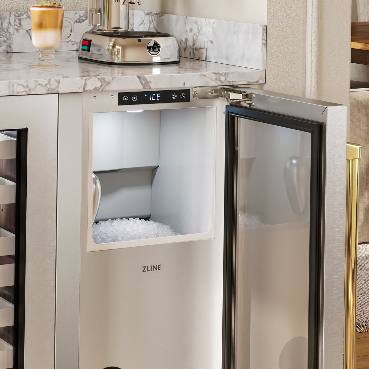 Close-up of the ZLINE Autograph Edition nugget ice maker storage bin in an outdoor bar (INGDZ-ST-15-G)
