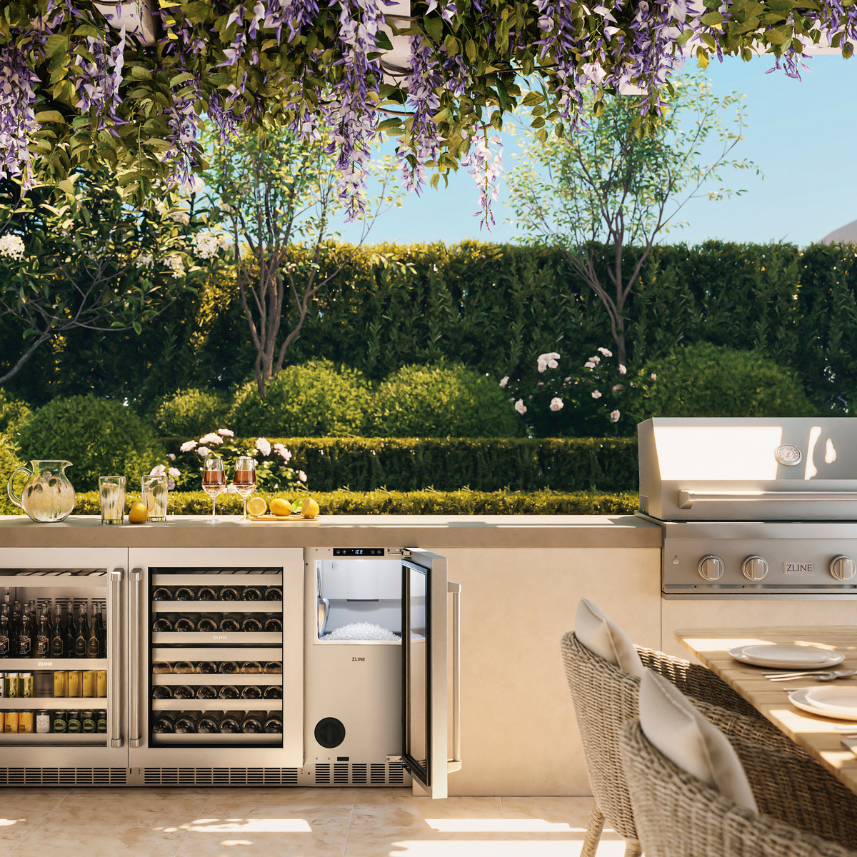 ZLINE stainless steel nugget ice maker on a terrace patio with the door open (INGD-ST-15)