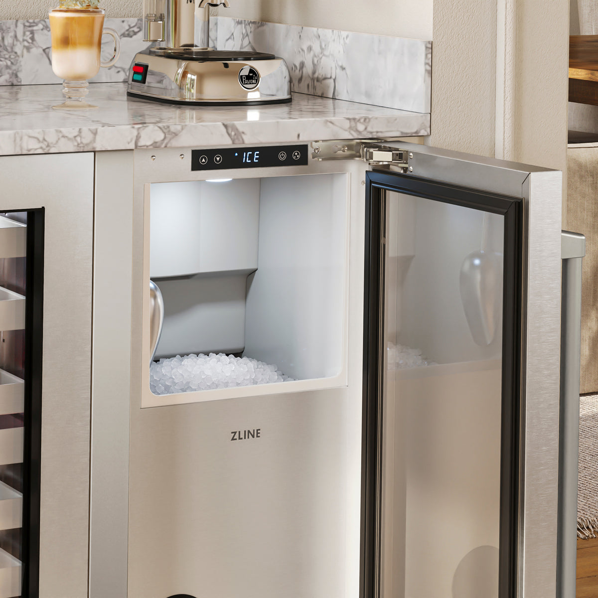 Close-up of the ZLINE stainless steel nugget ice maker storage bin in an outdoor bar (INGD-ST-15)