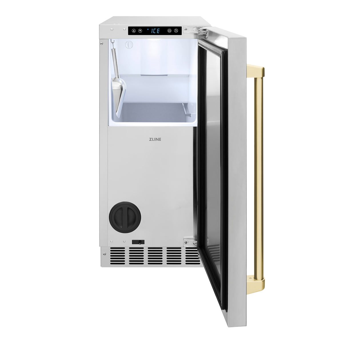 ZLINE Autograph Edition 15-Inch nugget ice maker with the door open showing the ice bin (INGDZ-ST-15-CB)