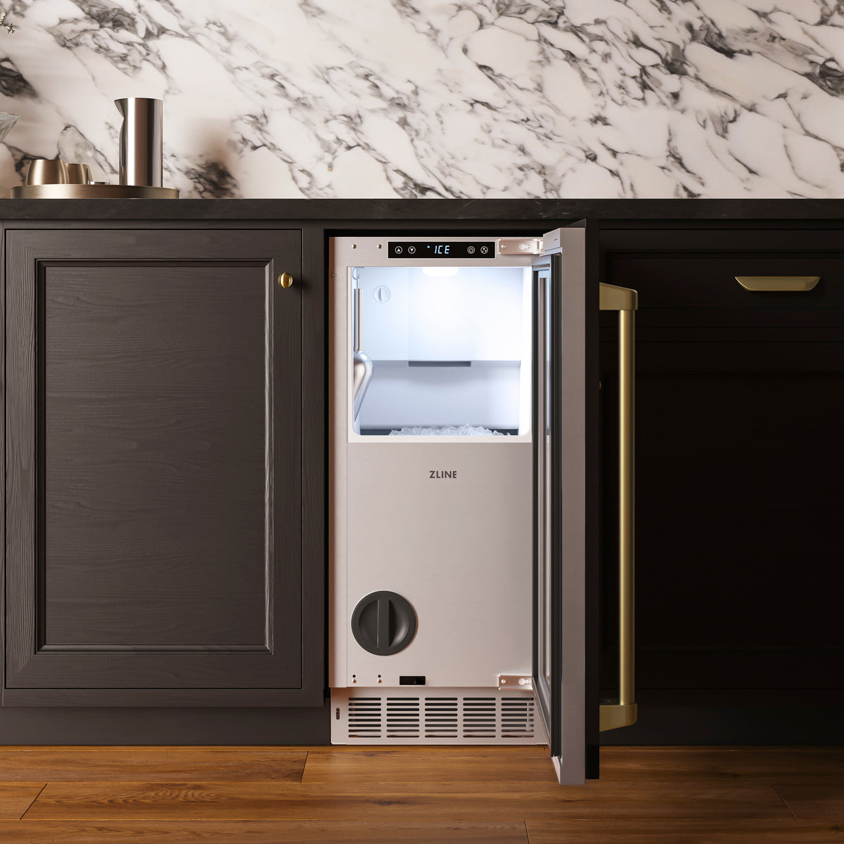 Close-up of the ZLINE Autograph Edition nugget ice maker storage bin filled with nugget ice (INGDPZ-15-CB)