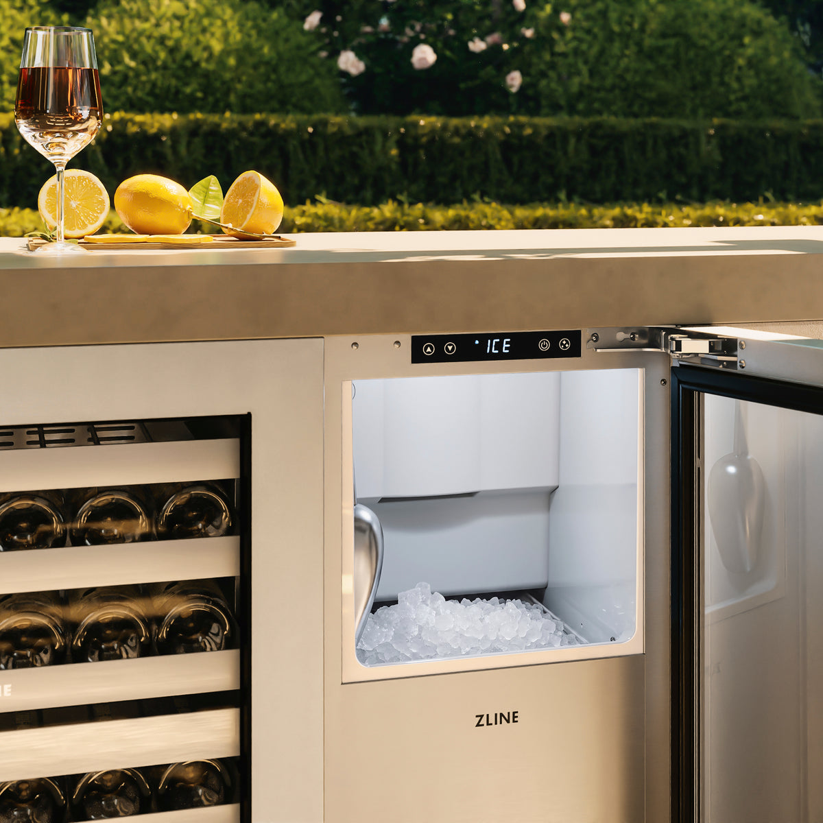 ZLINE stainless steel nugget ice maker patio close-up, third angle (INGD-ST-15)