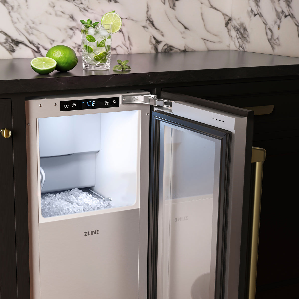 Close-up of the open ZLINE Autograph Edition nugget ice maker in a bar cabinet (INGDPZ-15-CB)