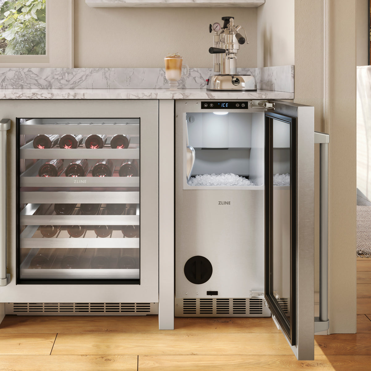 ZLINE stainless steel nugget ice maker with door open, angled outdoor bar view (INGD-ST-15)