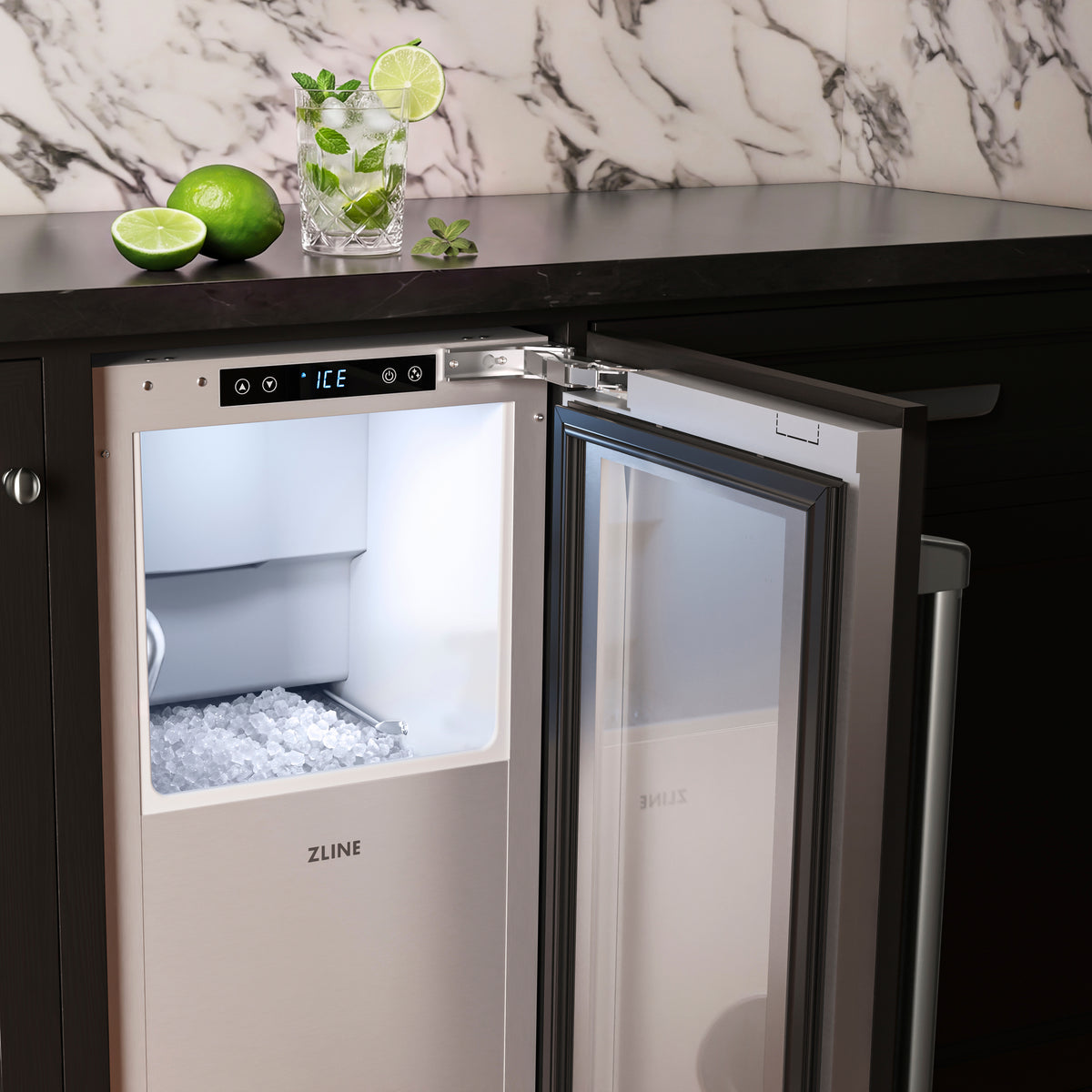 Close-up of the open ZLINE panel ready nugget ice maker in a bar cabinet (INGDP-15)
