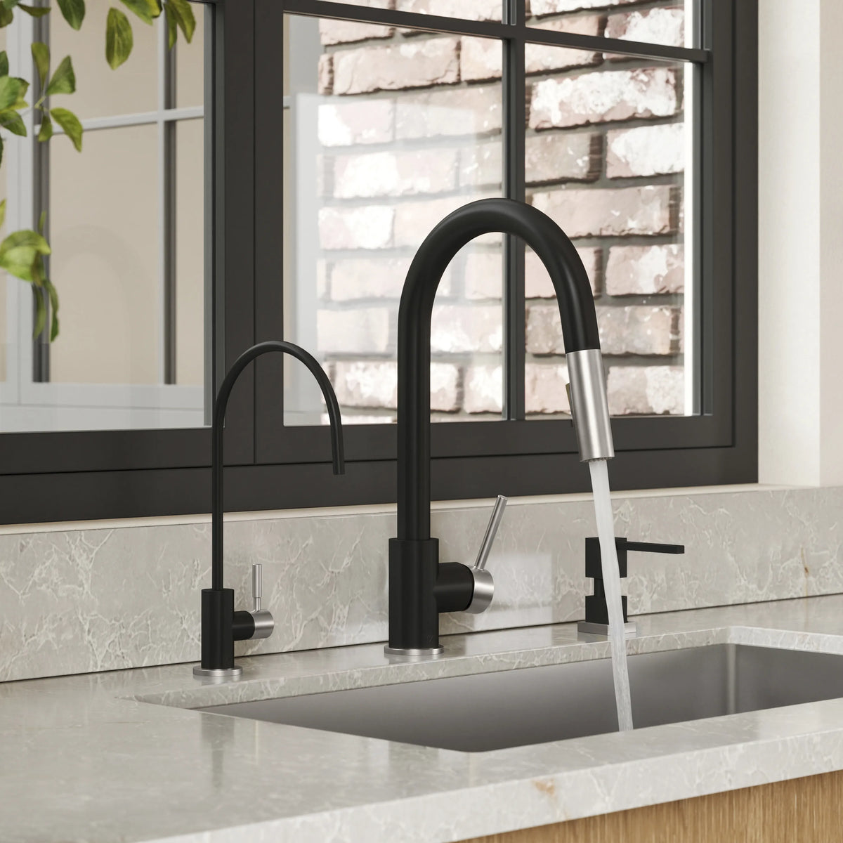 ZLINE Gemini Kitchen Faucet GEM-KF-ZMBBN over a sink, water running