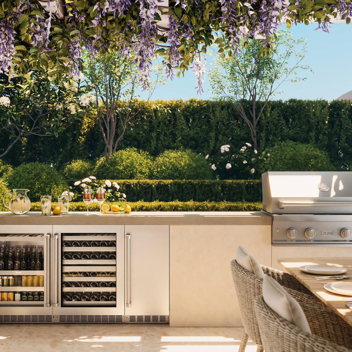 ZLINE stainless steel nugget ice maker on a terrace patio with the door closed (INGD-ST-15)
